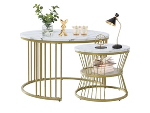 Lot de 2 tables basses rondes gigognes - 70 x 70 x 45.5 cm-or - table de salon style luxe discret effet marbre avec cadre doré