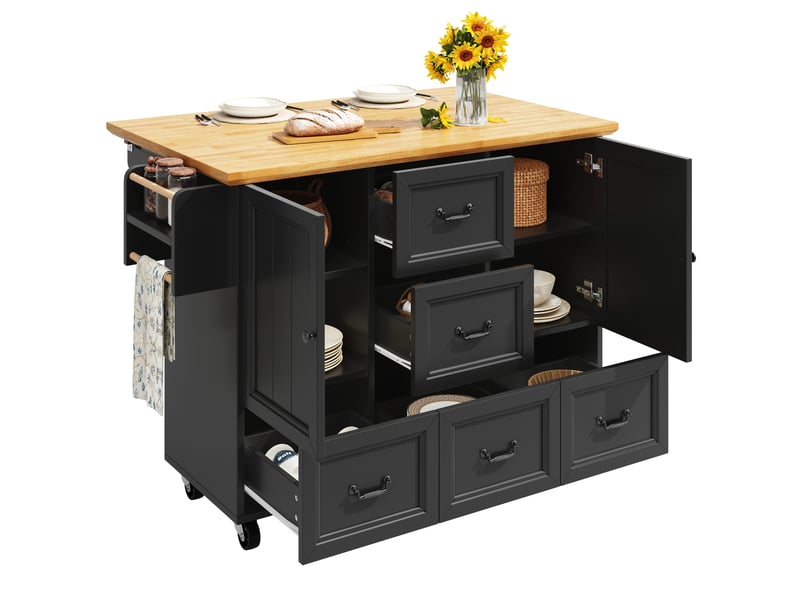  Îlot de cuisine 140x45(73)x93 cm avec 5 tiroirs et plateau pliable, bois et noir  - Conforama A