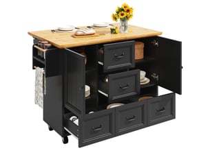 Îlot de cuisine 140x45(73)x93 cm avec 5 tiroirs et plateau pliable, bois et noir