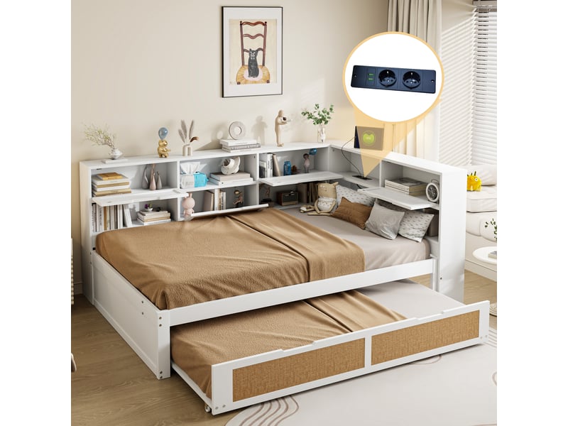  Canapé-lit en bois massif 140x200 cm avec lit gigogne, lit enfant avec port de recharge, lit double, blanc  - Conforama A