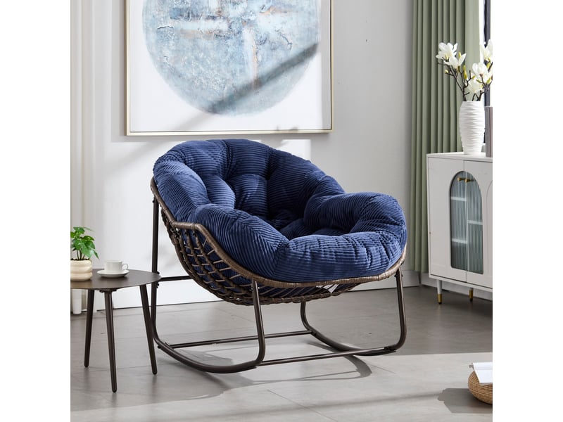  Fauteuil à bascule en acier et rotin synthétique bleu marine  - Conforama C
