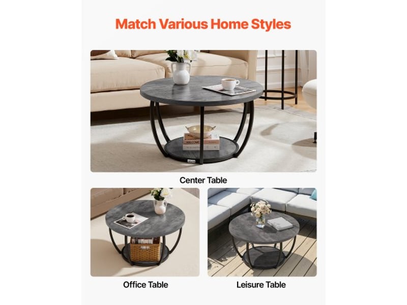  Table basse ronde, table de salon en bois à 2 niveaux, meuble de rangement plateau de 80,5 cm, avec rangement ouvert, structure métallique robuste et minimaliste, pour bureau salon, gris  - Conforama D