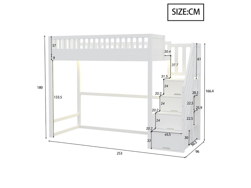  Lit mezzanine 90x200 cm en pin blanc massif - barrière de sécurité, échelle réversible, bande led, lit enfant  - Conforama C
