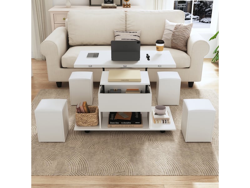  (modification du produit) table basse réglable en hauteur, table basse multifonctionnelle 3 en 1, table de salon avec rangement, convertible en table à manger, table de travail à roulettes avec 4 tabourets, 100 x 50 x 48 cm, bla…  - Conforama B
