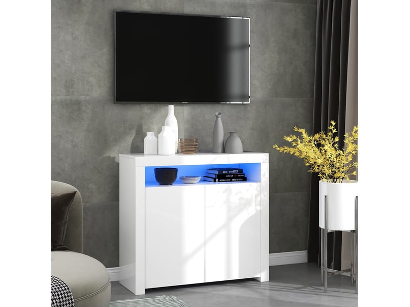 Buffet 2 portes blanc brillant avec éclairage led - 108 x 40 x 92 cm - Conforama C