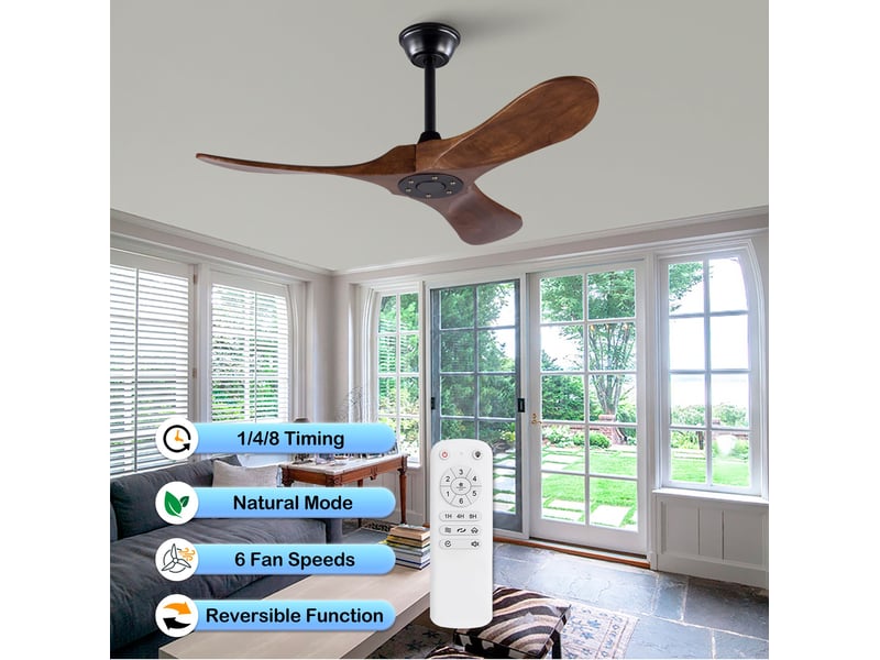 Ventilateur de plafond 107 cm sans éclairage bois massif noir et noyer foncé 6 vitesses télécommande silencieux minuterie et mémoire - Conforama D