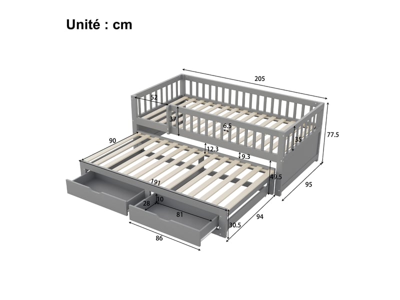  Lit gigogne 90x200 cm – lit simple enfant avec 2 tiroirs et barrière de sécurité, sans matelas, mdf, gris  - Conforama C