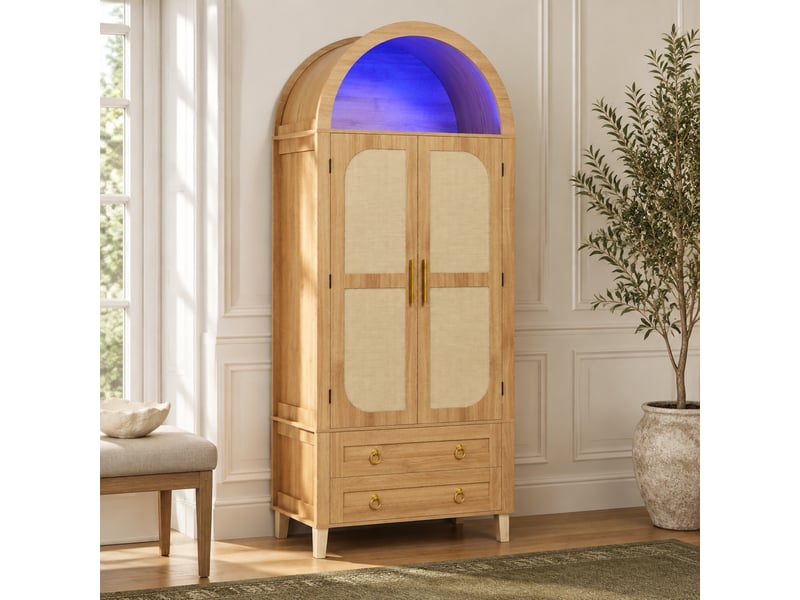  Armoire haute 76x40x179,5 cm effet bois naturel, led, 2 portes et 2 tiroirs  - Conforama B