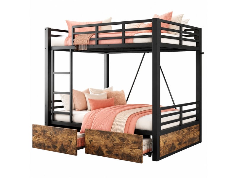 Lit étagère métallique avec tiroirs, lit enfant gain de place (140x200 cm) avec échelle et garde-corps de sécurité, noir  - Conforama A