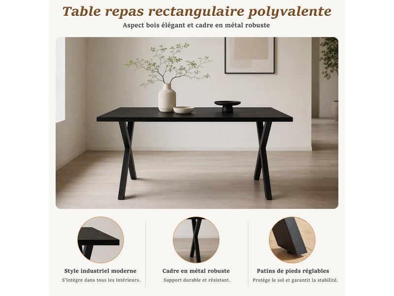 Ensemble table et 4 chaises - table rectangulaire 160x80 cm monobloc en chêne noir et pieds métal, 4 chaises en pu marron et pieds métal - Conforama D
