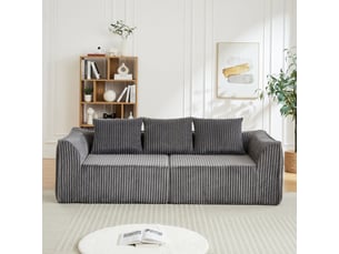 Canapé en velours côtelé 235 cm, design minimaliste, lignes courbes, dossier incliné, 2 coussins inclus, salon moderne