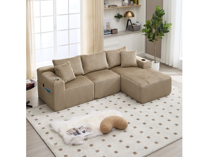 Canapé modulable modenvie 3 places avec méridienne 257 x 160 cm velours côtelé taupe - Conforama D