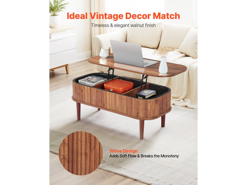  Vevor table basse relevable ovale - finition noyer, rangement 3 compartiments, plateau relevable métal, mdf et pin CQ-BLWB-SJZ001 - Conforama B