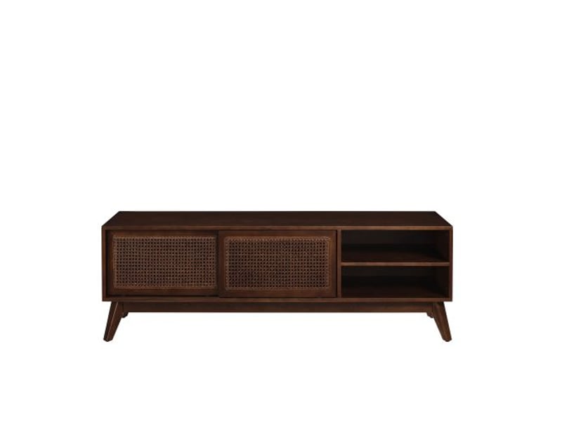  Console tv 59 po style mi-siècle rotin pour tv 65 po, pieds en bois massif, portes rotin, noix foncé  - Conforama A