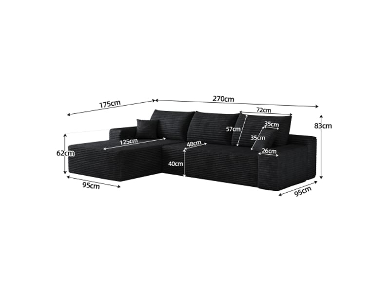  Canapé d'angle modulable 270 cm noir en l, chaise longue, assise profonde, sans montage, canapé compressible  - Conforama C