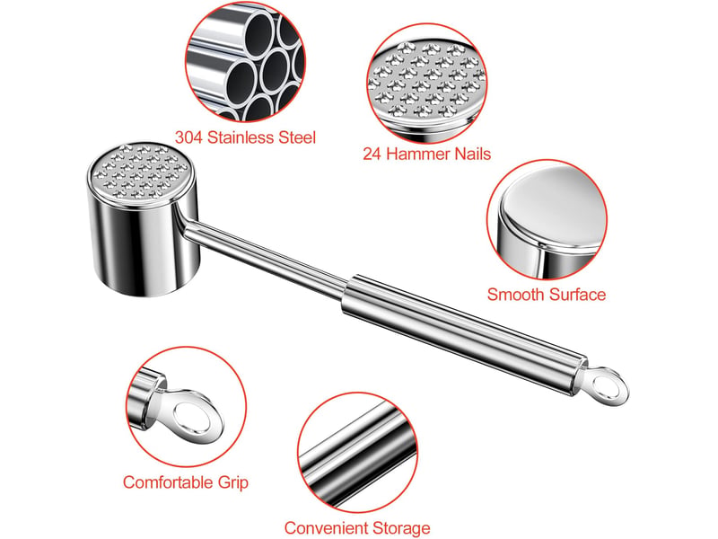  Attendrisseur de viande en 304 acier inoxydable, marteau a viande de cuisine double face pour ménagère marteau à steak argent 27 cm de long  - Conforama C