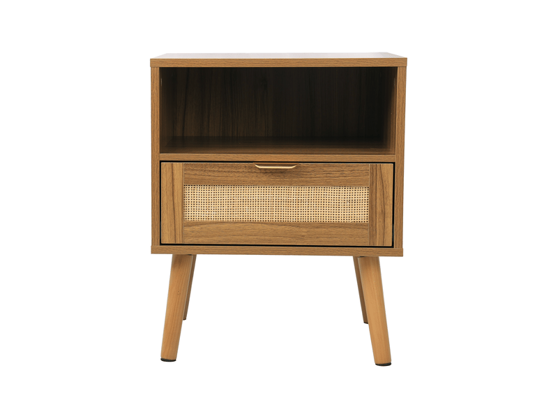  Table de chevet en mdf et rotin, 1 tiroir et niche ouverte, 45 x 40 x 55 cm, noyer  - Conforama A