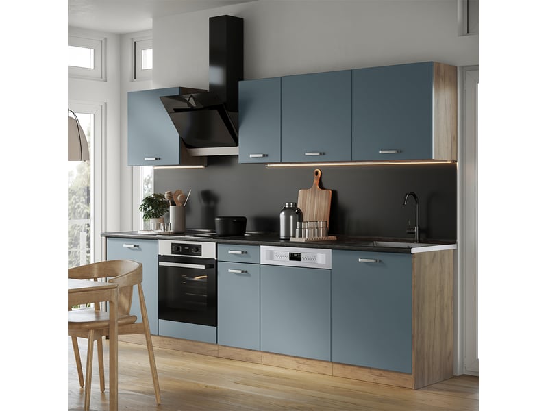  Vicco cuisine, bleu-grischêne doré, 280cm plan de travail anthracite  - Conforama C