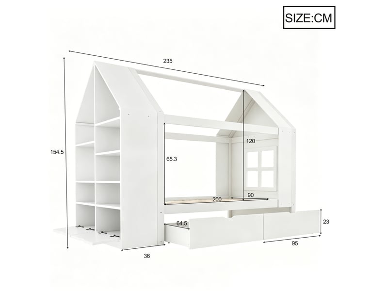  Lit enfant cabane 90 x 200 cm avec rangements, 2 tiroirs et éclairage led blanc  - Conforama C