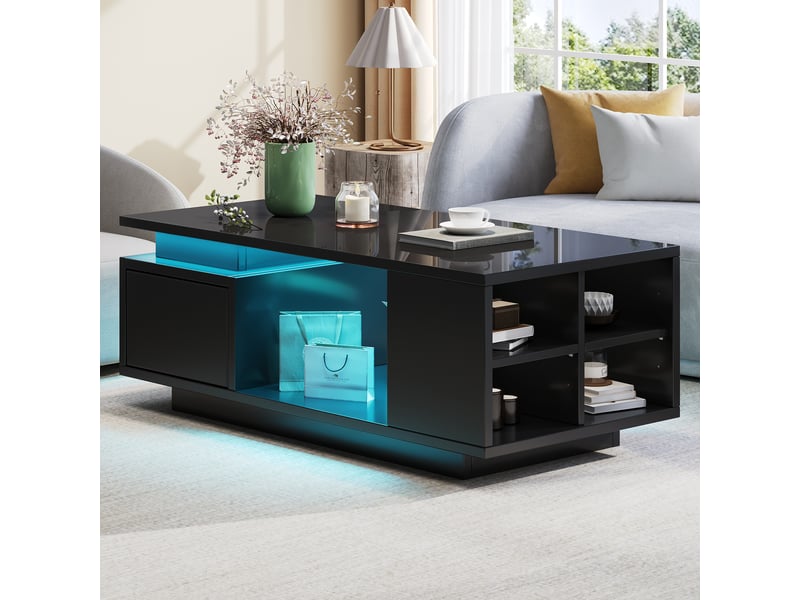  Table basse avec tiroir, niches latérales et led pour salon en panneaux de particules 100×50×36 cm noire  - Conforama B