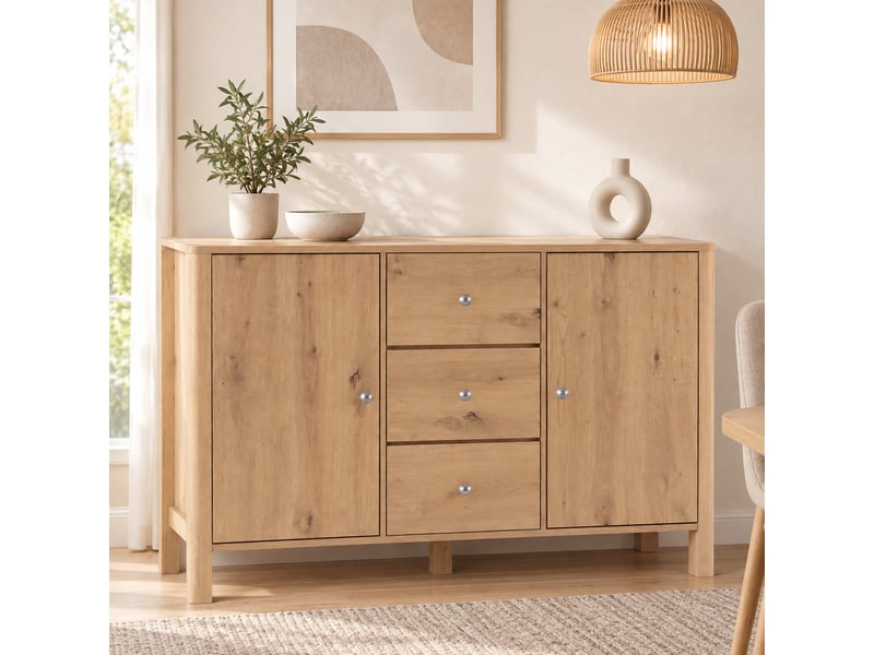  Buffet 120x40x80 cm effet chêne, 2 portes, 3 tiroirs, poignées métal, rangement salon salle à manger  - Conforama E