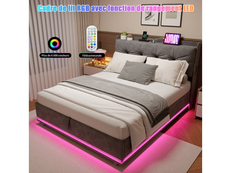 Lit 160 x 200 cm en velours gris avec tête de lit rembourrée, port de chargement usb et éclairage led,idéal pour chambre d'amis,matelas non inclus - Conforama W