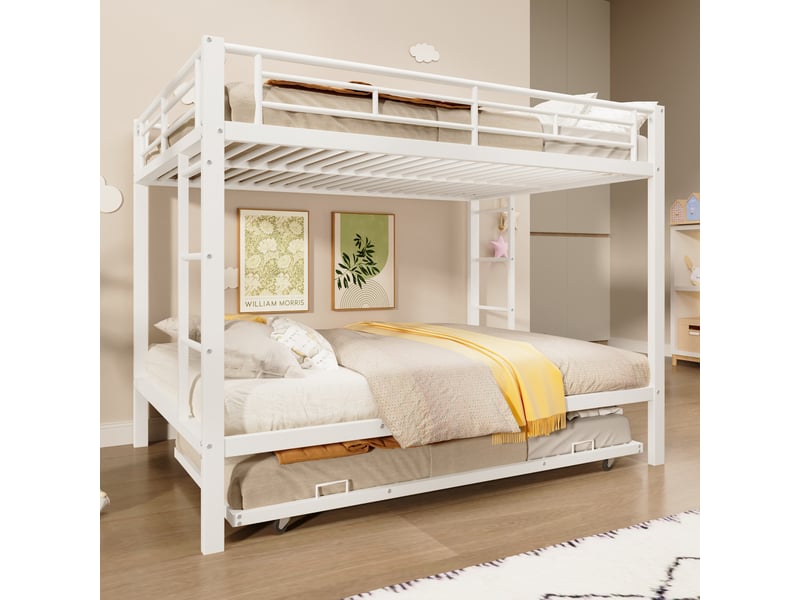 Lit superposé 140x200 cm avec lit gigogne intégré, lit enfant blanc en métal avec barrières de sécurité, gain de place optimal. - Conforama W
