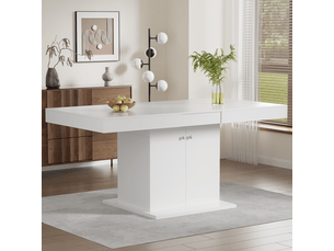 Table à manger rectangulaire extensible 140-180 x 80 cm avec rallonge automatique et grand rangement, plateau blanc, 4 à 8 places, design moderne