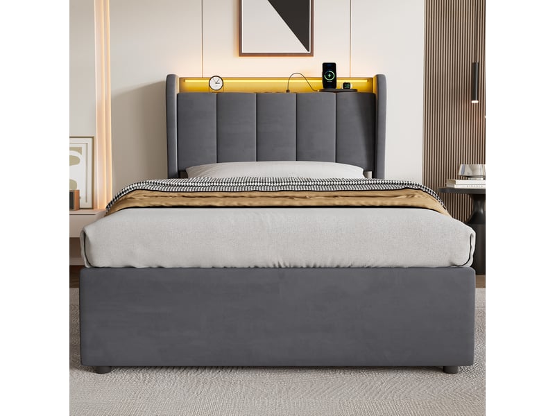 Lit coffre 90x200 cm en velours gris, cadre lit avec rangement sous lit, led et station de recharge, sans matelas - Conforama D
