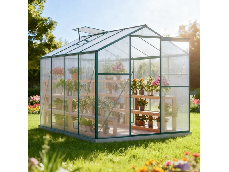  Serre de jardin aluminium 4,75 m² - 190 x 253 cm avec 1 fenêtre de toit &amp; porte coulissante, serre de plantes, serre à tomates  - Conforama E