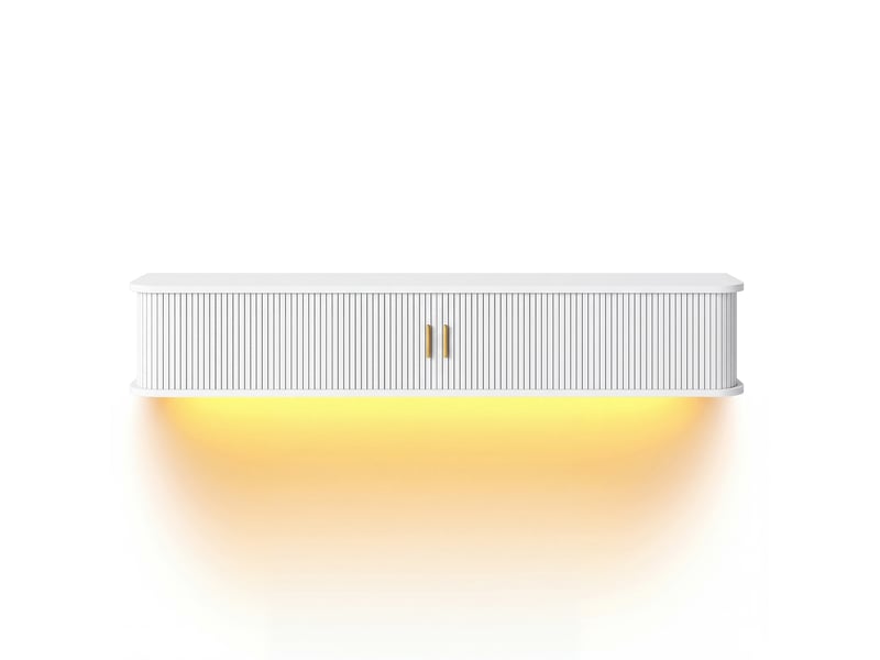  Meuble tv suspendu led 175 cm blanc avec portes coulissantes rainurées et tiroir IKSETERA TRADING LTD - Conforama R