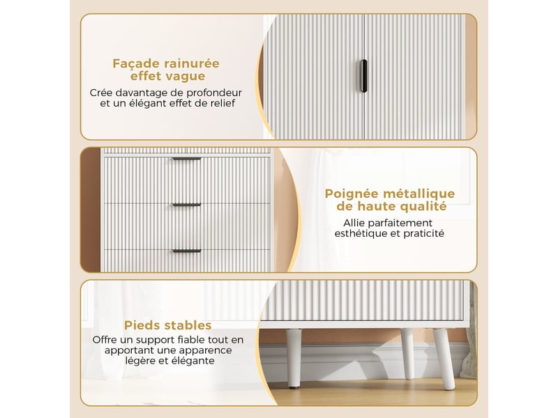  Meuble de cuisine muvano blanc, buffet haut à portes rainurées, 3 tiroirs, 75 × 35 × 180 cm  - Conforama E