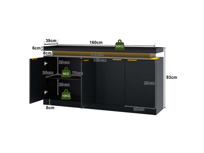 Buffet 160x39x83 cm avec éclairage led rgb contrôlé par application en mdf noir - Conforama E