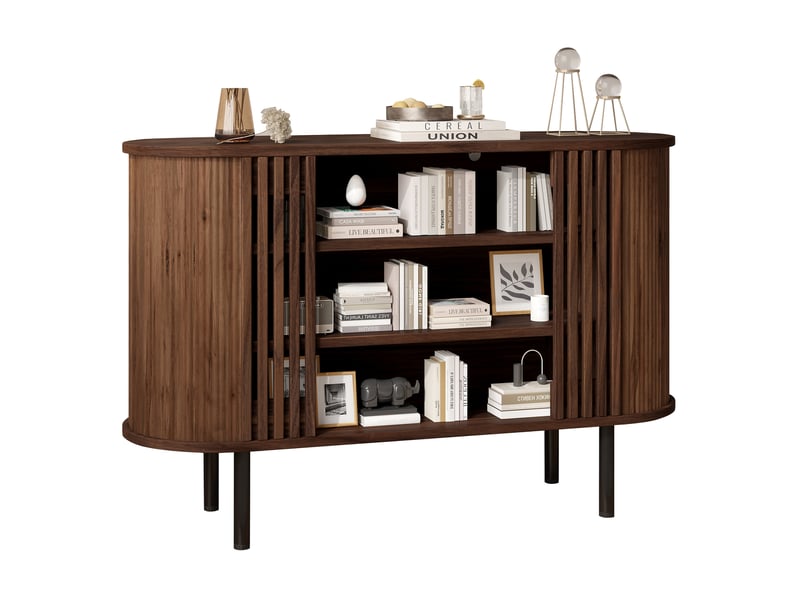 Buffet et enfilade avec 3 niches ouvertes et 4 pieds réglables en métal pour salon, coloris noyer, 120 × 40 × 80 cm - Conforama A