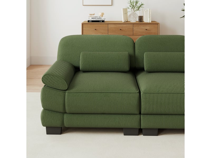  Canapé d’angle modulable 3 places vert en velours côtelé avec pouf assorti, assise profonde et configuration en l pour le salon  - Conforama D