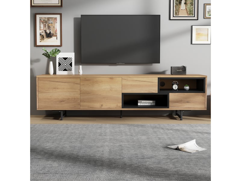  Meuble tv 173 cm pour tv jusqu'à 70 pouces avec rangements ouverts et tiroirs couleur bois  - Conforama B