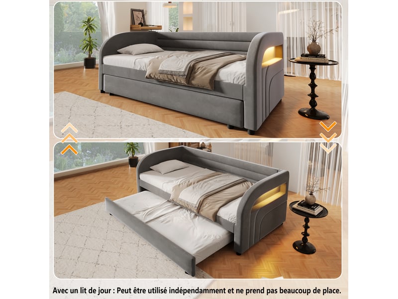  Lit jeune gigogne, 90x200 cm, avec led multicolore, couchage d'appoint, tissue, tissu et flanelle et mdf, coloris gris  - Conforama D