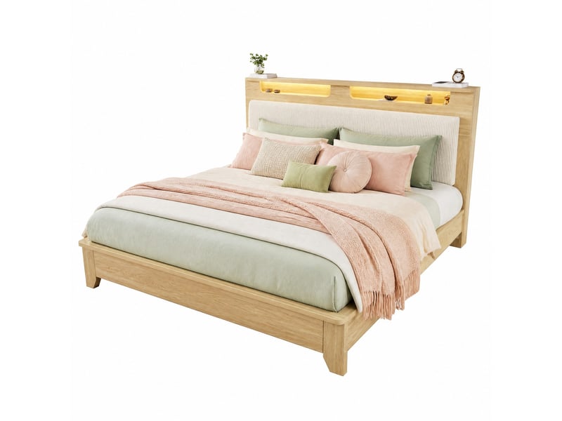 Lit double,160x200 cm,avec led et rangement,corduroy,beige - Conforama A