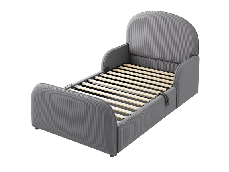  Lit enfant velours gris 90x200 cm avec rangement hydraulique et barrières de sécurité  - Conforama D