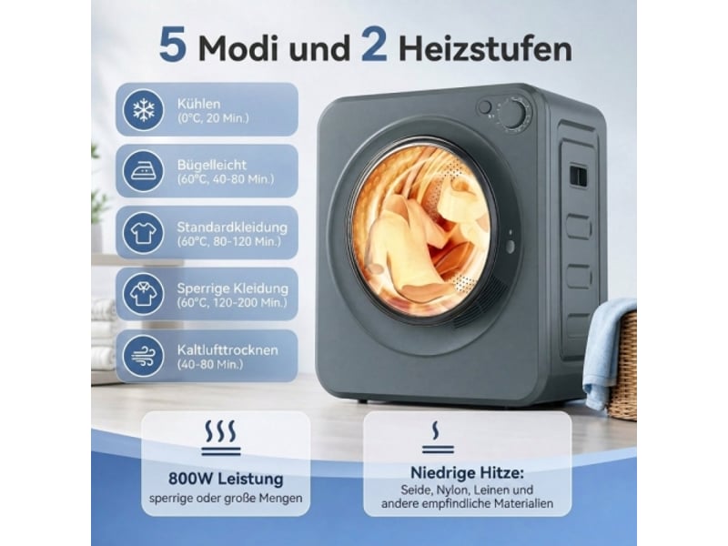  Mini sèche-linge 4 kg, 5 programmes, jusqu’à 60 °c, 800 w400 w, tambour inox gris  - Conforama E