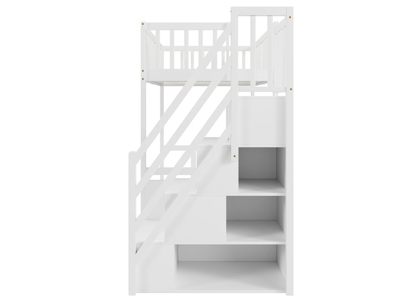  Lit mezzanine 90x200 cm, design moderne, espace de rangement, avec escalier de rangement, bois, blanc, sans matelas  - Conforama E
