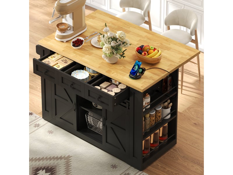  Ilot central de cuisine - 130x80x87cm - desserte avec plateau rabattable portes coulissantes prises et usb - noir et bois  - Conforama D