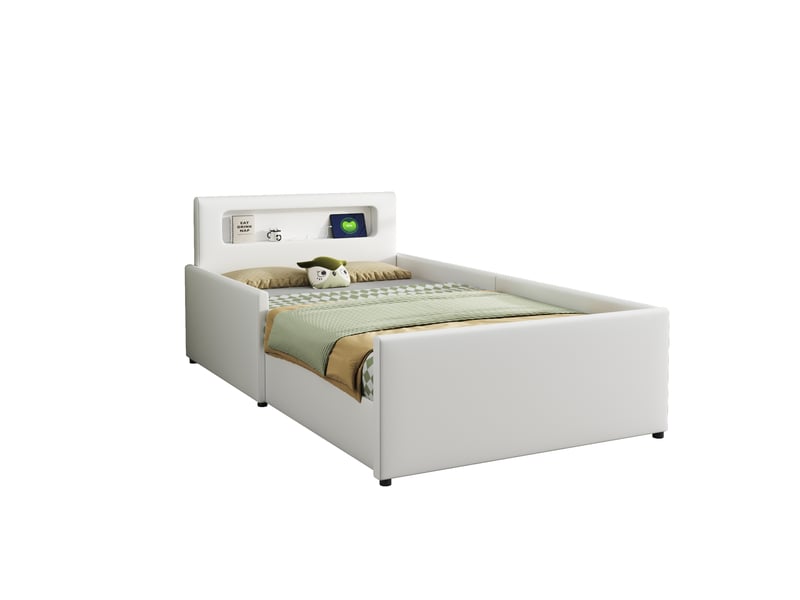  Lit enfant 90x200 cm en similicuir blanc, veilleuse, usb, rangements et barrières latérales hautes  - Conforama D