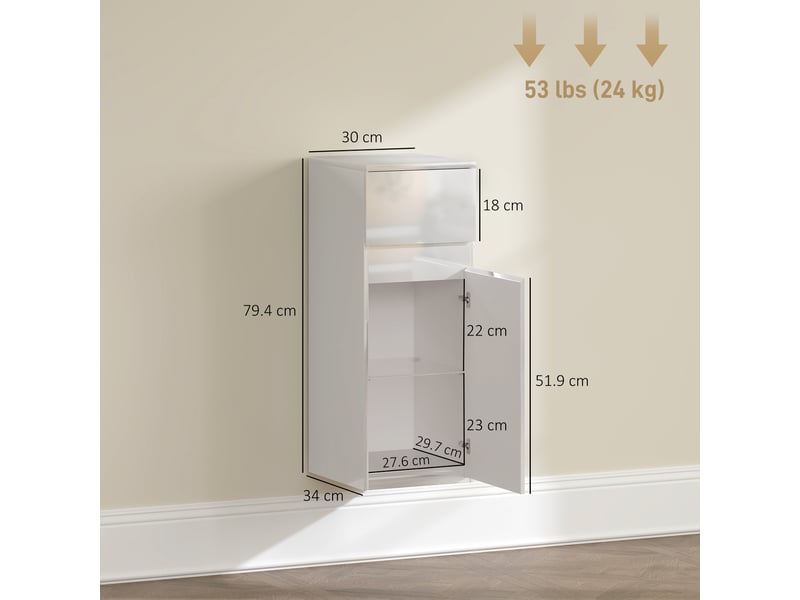 Meuble de salle de bain mural avec tiroir, porte laquée et étagère en verre réglable, blanc - Conforama C