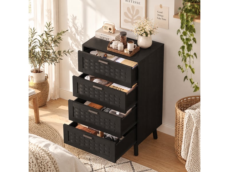 Commode en rotin à 4 tiroirs, meuble de rangement avec système anti-basculement, poignées et pieds, commode en bois pour chambre, bureau, 55x40x95 cm - Conforama B