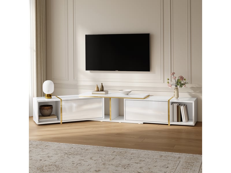  Meuble tv extensible 275x35x37 cm - meuble bas à façades brillantes, longueur réglable, niches ouvertes, design moderne, panneau de particules  - Conforama B