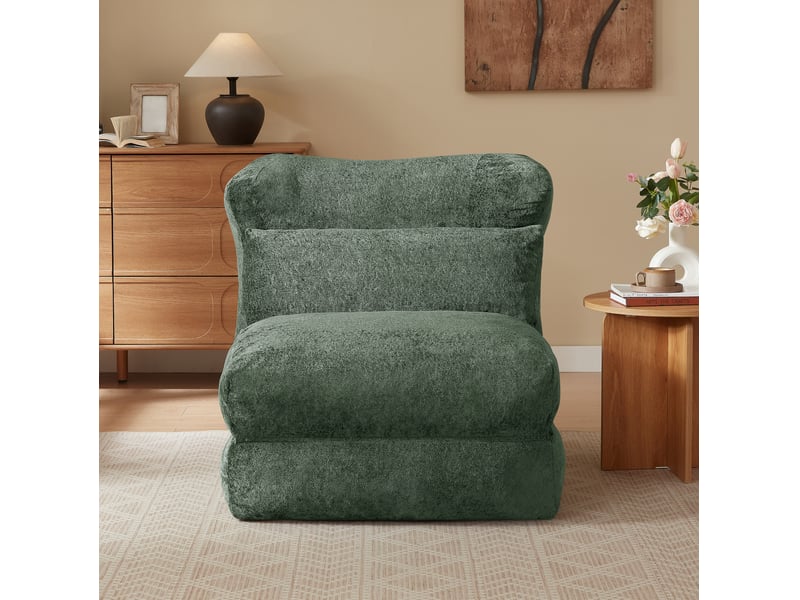  Fauteuil convertible vert en tissu effet fourrure, dossier et coussin rembourrés, idéal pour se détendre à la maison  - Conforama E