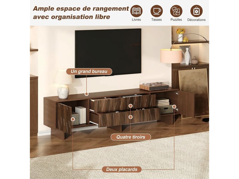  Meuble tv 180 cm noyer foncé design ondulé 4 tiroirs 2 portes pour écran 75 pouces  - Conforama R