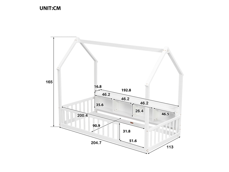  Lit cabane 90x200 cm, lit pour enfant, pin massif, avec des compartiments de rangement et des étagères, barrières, blanc  - Conforama E