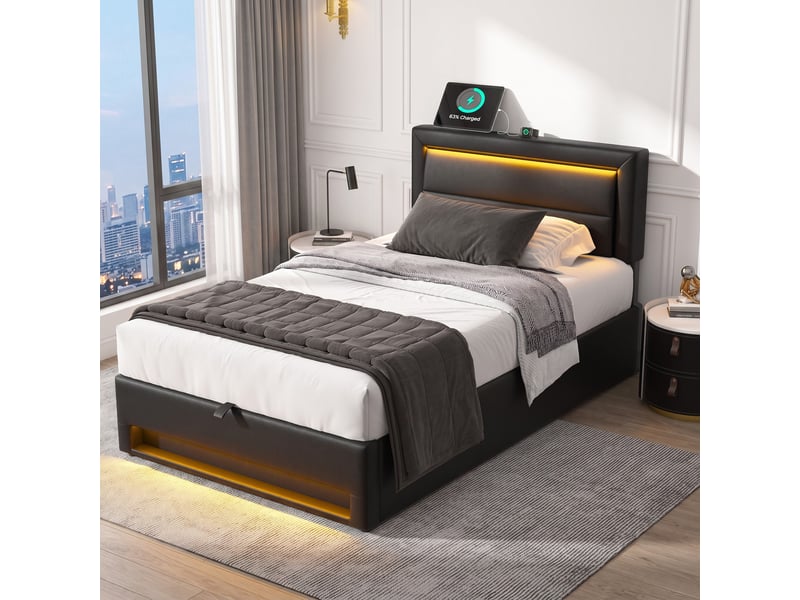 Lit simple 90x190 cm avec led, usb et rangement, revêtement pu noir - Conforama C